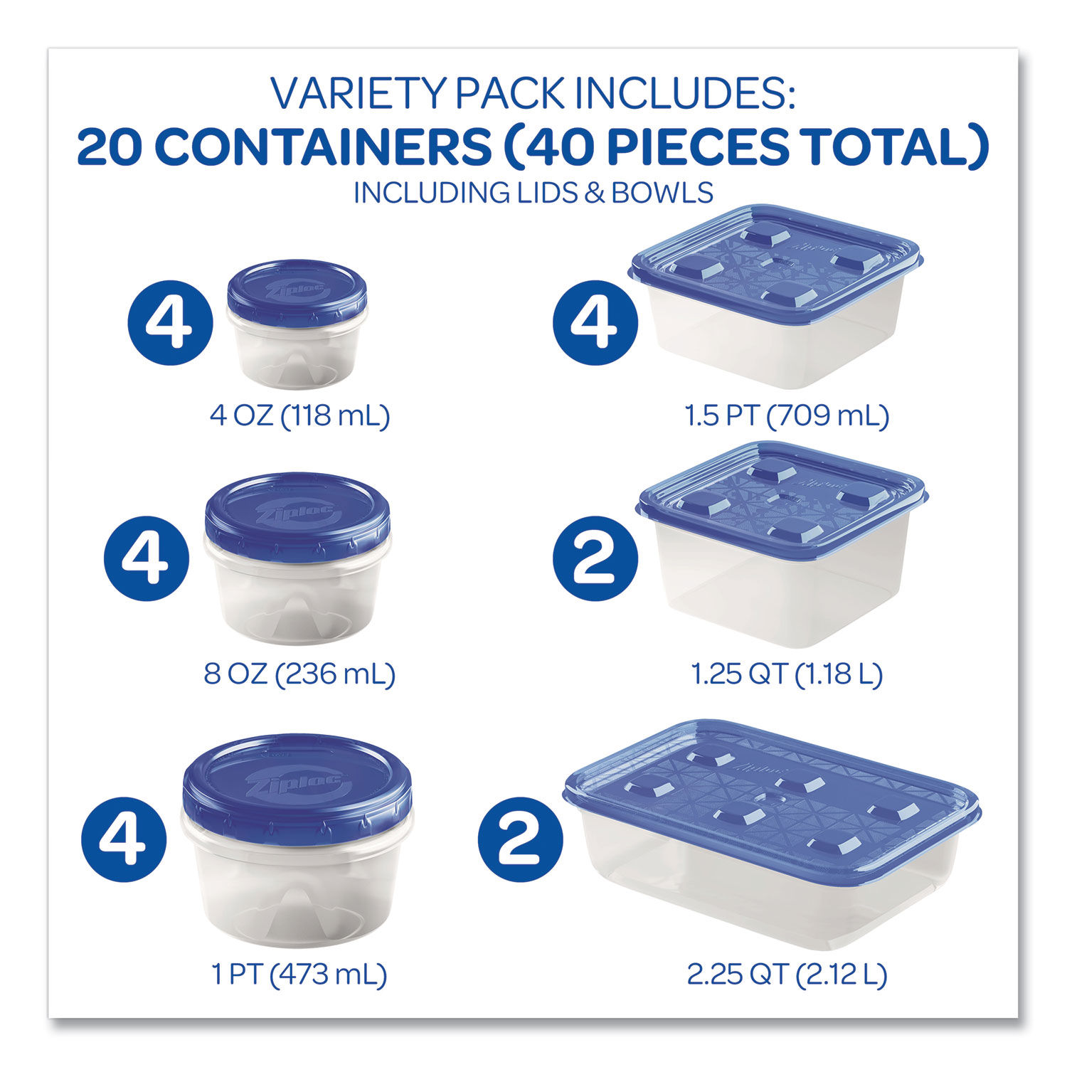 Ziploc Variety Pack Containers with Lids, Assorted Sizes, 24 Pieces/Pack  (308674)