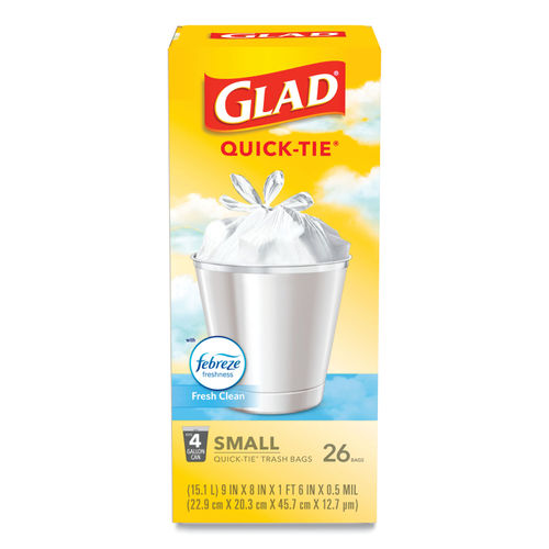 Glad Odorshield Quick-Tie Small Trash Bags, 4 Gal, 0.5 Mil, 8 X