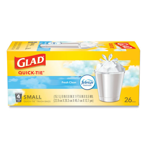 Glad Odorshield Quick-Tie Small Trash Bags, 4 Gal, 0.5 Mil, 8 X 18,  White, 156/Carton - CLO78812