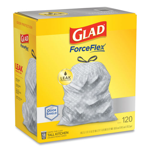 Glad ForceFlex Tall Kitchen Drawstring Trash Bags, 13 Gal, Unscented, 120  Ct (Packaging May Vary)