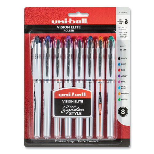 Uniball Vision Elite Rollerball Pens, Assorted Pens Pack of 8, Bold Pens  with 0.8mm Ink, Ink Black Pen, Pens Fine Point Smooth Writing Pens, Bulk  Pens, and Office Supplies