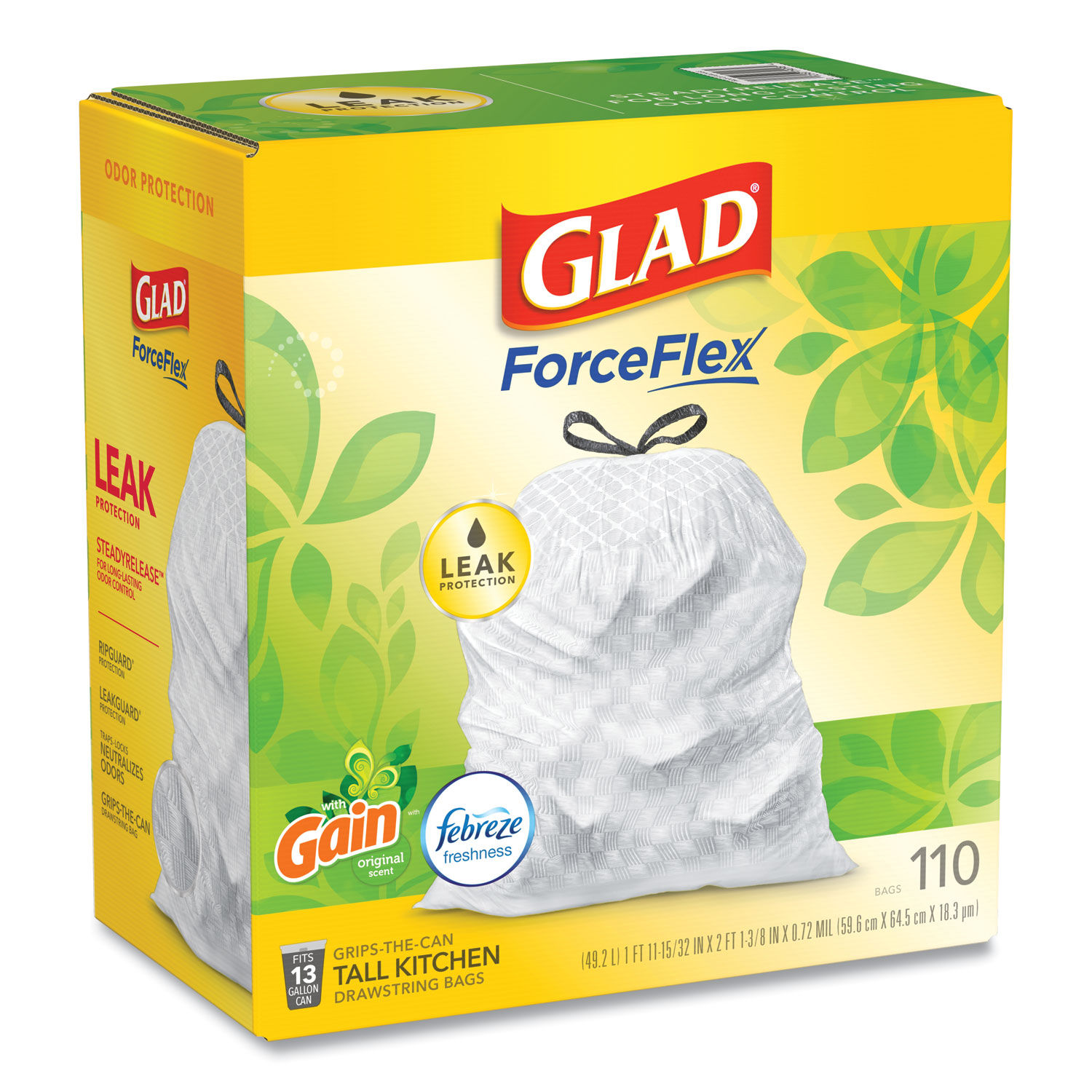 Glad ForceFlex Tall Kitchen Drawstring Trash Bags - Gain Original with  Febreze Freshness - 13 gal Capacity - 25.38 ft Width x 33.75 ft Length -  0.72 mil (18 Micron) Thickness - White - 110/Box - Home, Office, Kitchen,  Breakroom - Filo CleanTech