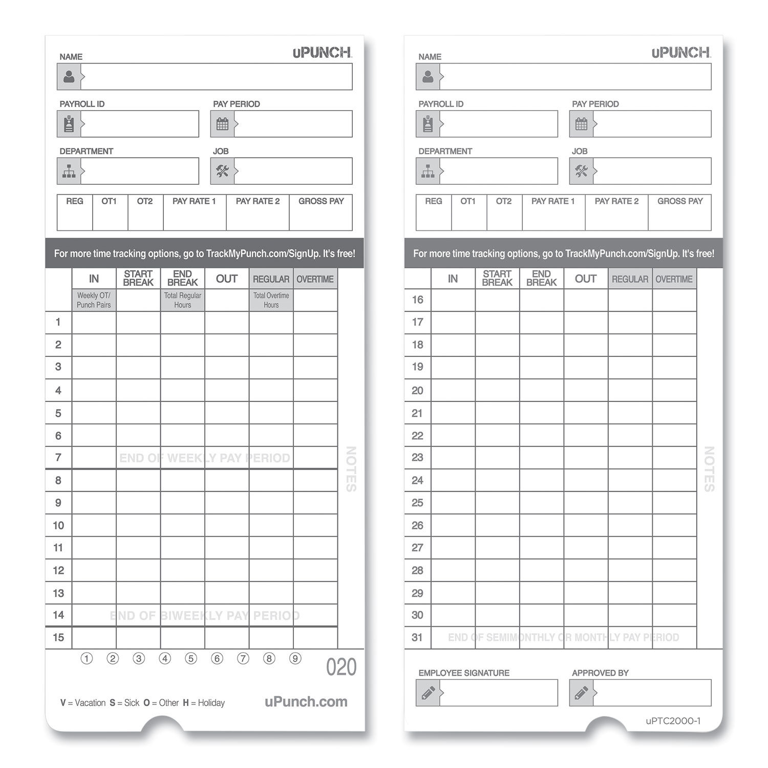 Time Clock Cards for uPunch HN4000 by uPunch™ PPZHNTCL2050