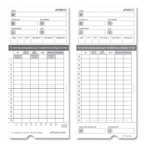 Time Clock Cards for uPunch HN4000 by uPunch™ PPZHNTCL2050