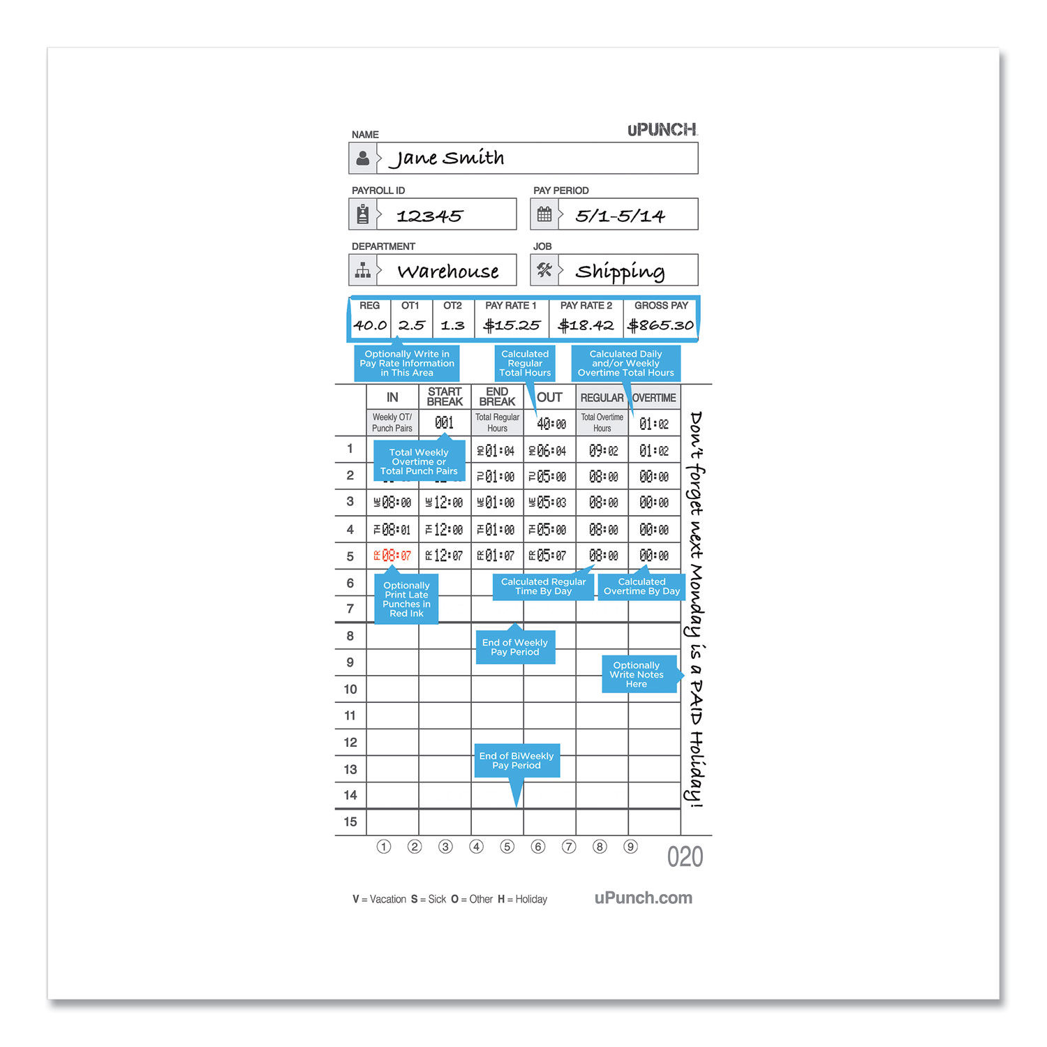 Time Clock Cards for uPunch HN4000 by uPunch™ PPZHNTCL2050