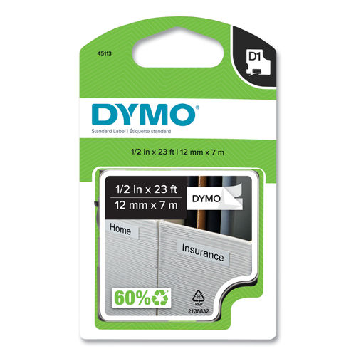 For DYMO D1 12mm x 7m 45013 Label Tape S0720530 Cassette Black on White  1/2”