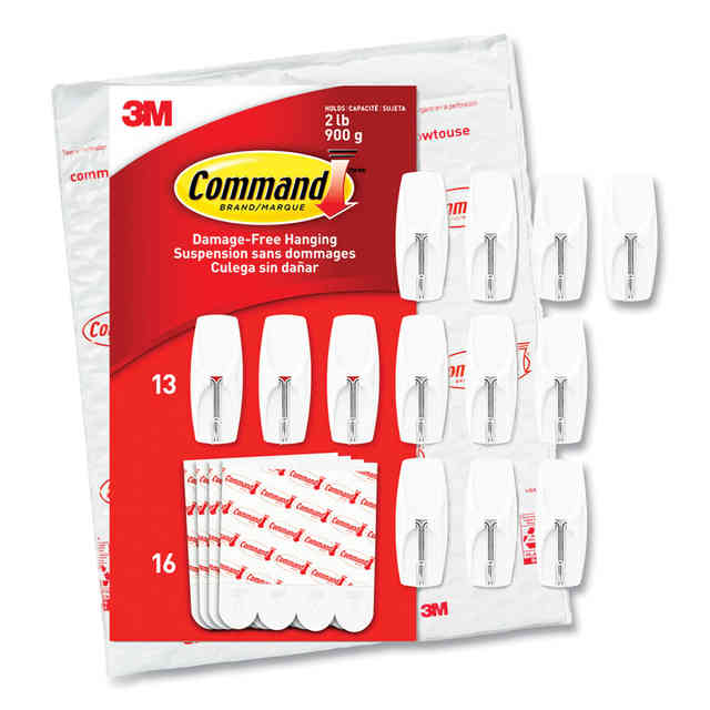 Command Medium, White Wire Hooks, 13 Hooks, 16 Strips per Pack