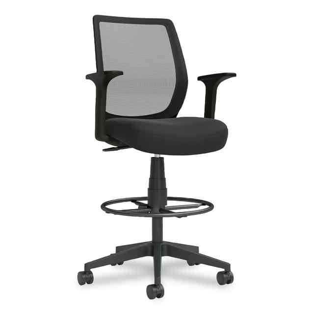 Essentials Mesh Back Fabric Drafting Stool with Arms, Supports Up to 275 lb, Black Seat/Back, Black Base Essentials Mesh Back Fabric Drafting Stool with Arms, Supports Up to 275 lb, Black Seat/Back, Black Base