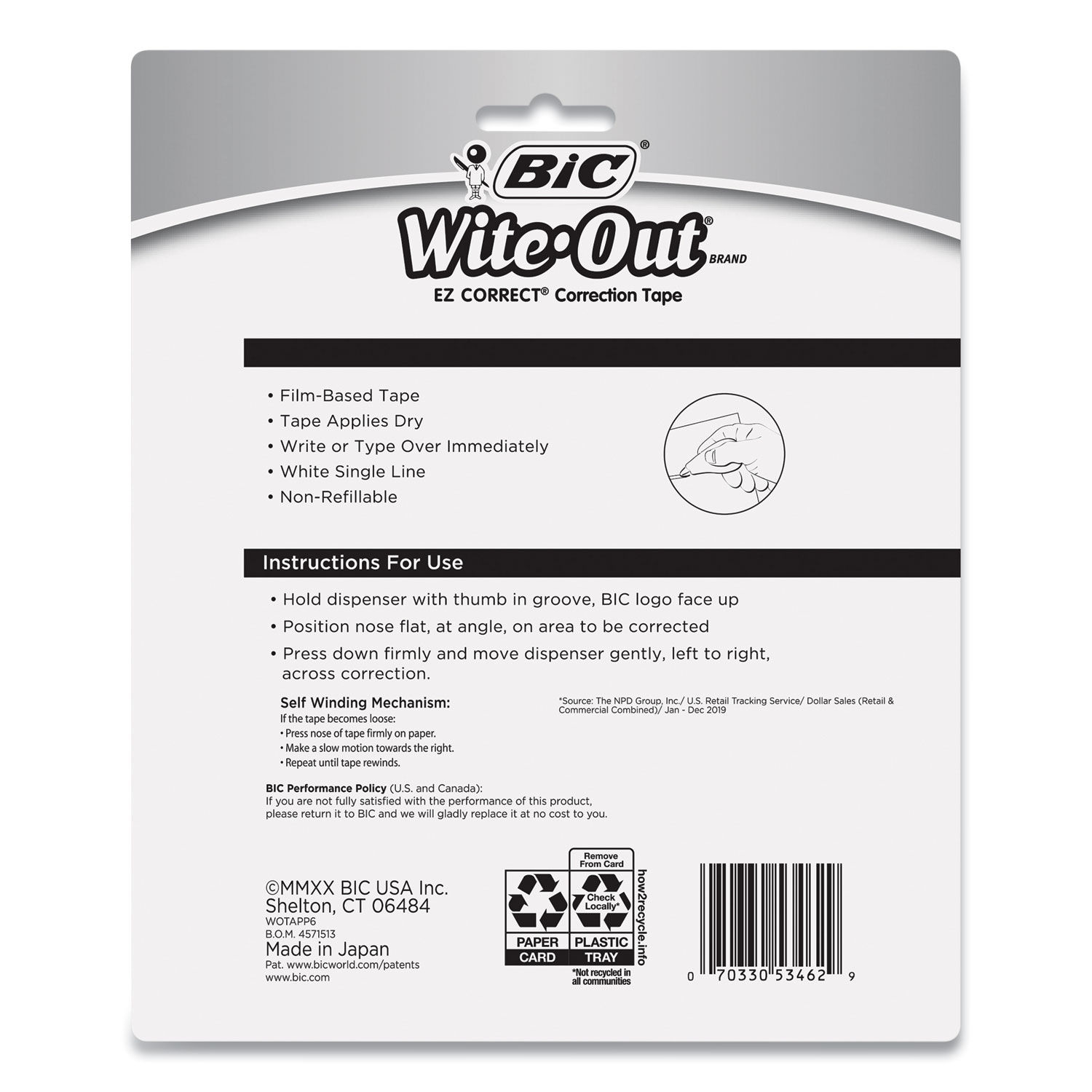 BIC Wite-Out Brand EZ Correct Correction Tape, White, Applies Dry