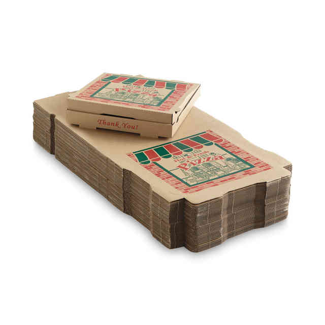 Corrugated Pizza Boxes, Storefront, 14 x 14 x 1.75, Brown/Red/Green, Paper, 50/Carton Corrugated Pizza Boxes, Storefront, 14 x 14 x 1.75, Brown/Red/Green, Paper, 50/Carton