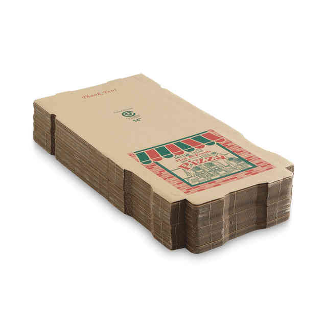 Corrugated Pizza Boxes, Storefront, 14 x 14 x 1.75, Brown/Red/Green, Paper, 50/Carton Corrugated Pizza Boxes, Storefront, 14 x 14 x 1.75, Brown/Red/Green, Paper, 50/Carton