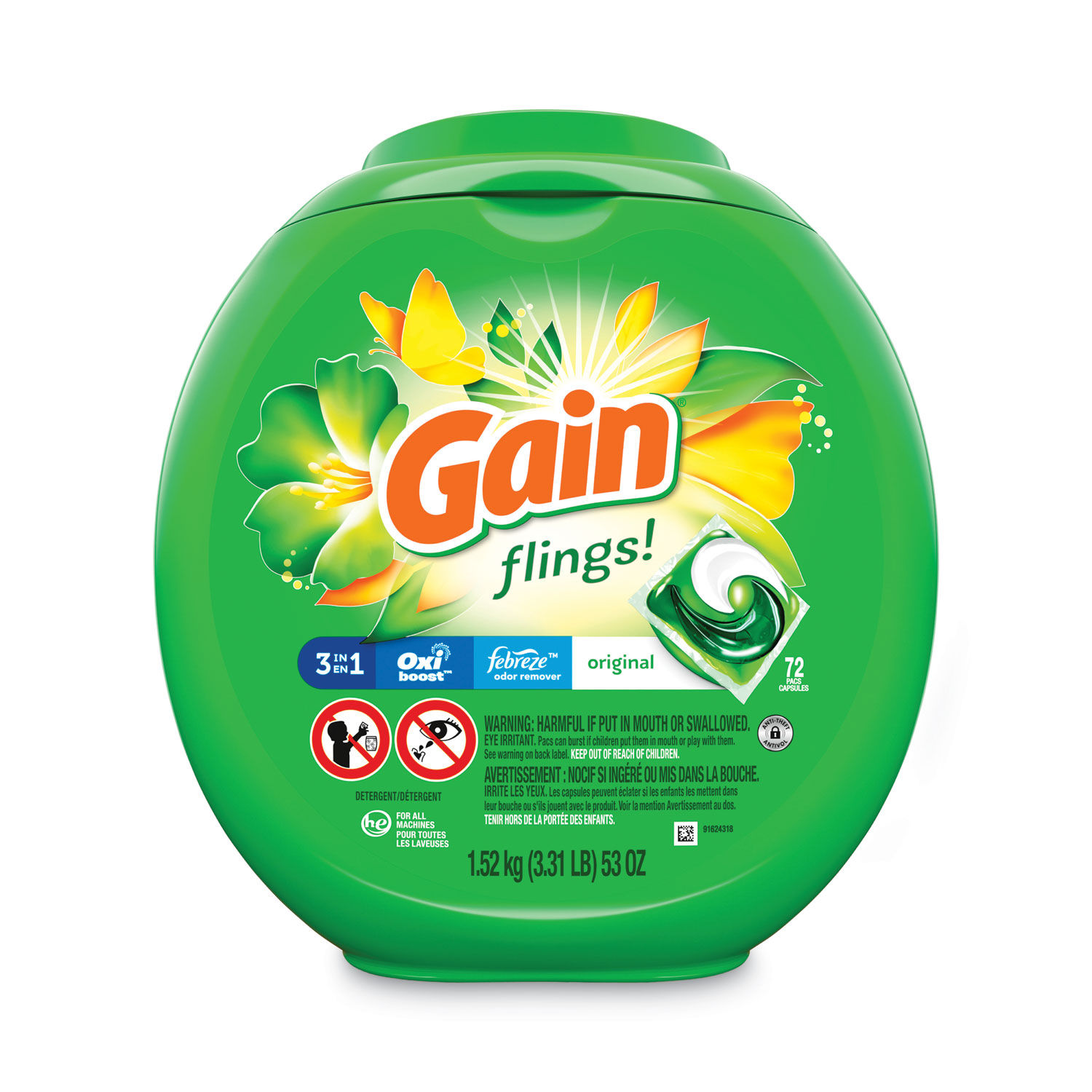 Gain Flings Detergent Pods, Original, 72/Container, 4 Container