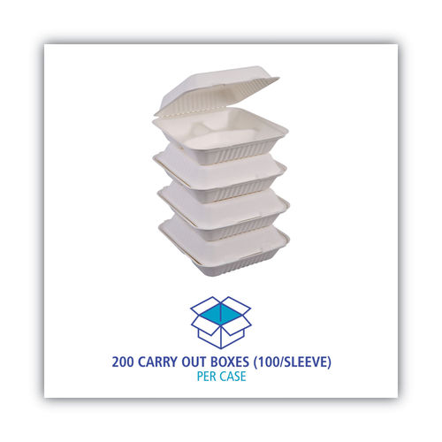 Boardwalk - BWKHINGEWF3CM9 - Bagasse Molded Fiber Food Containers, Hinged-Lid, 3-Compartment 9 x 9, White, 100/Sleeve, 2 Sleeves/Carton