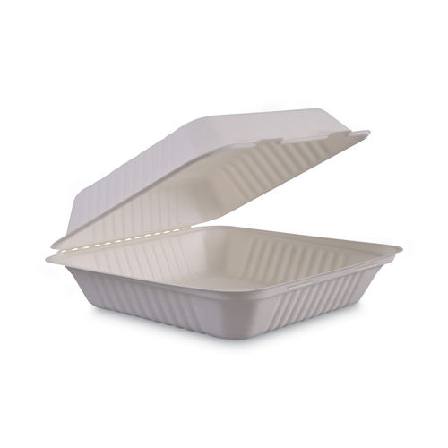 Boardwalk BWKHINGEWF1CM9 Bagasse Molded Fiber Food Containers, Hinged-Lid, 1-Compartment 9 x 9, White, 100/Sleeve, 2 Sleeves/Carton