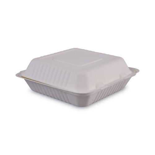 Boardwalk BWKHINGEWF1CM9 Bagasse Molded Fiber Food Containers, Hinged-Lid, 1-Compartment 9 x 9, White, 100/Sleeve, 2 Sleeves/Carton