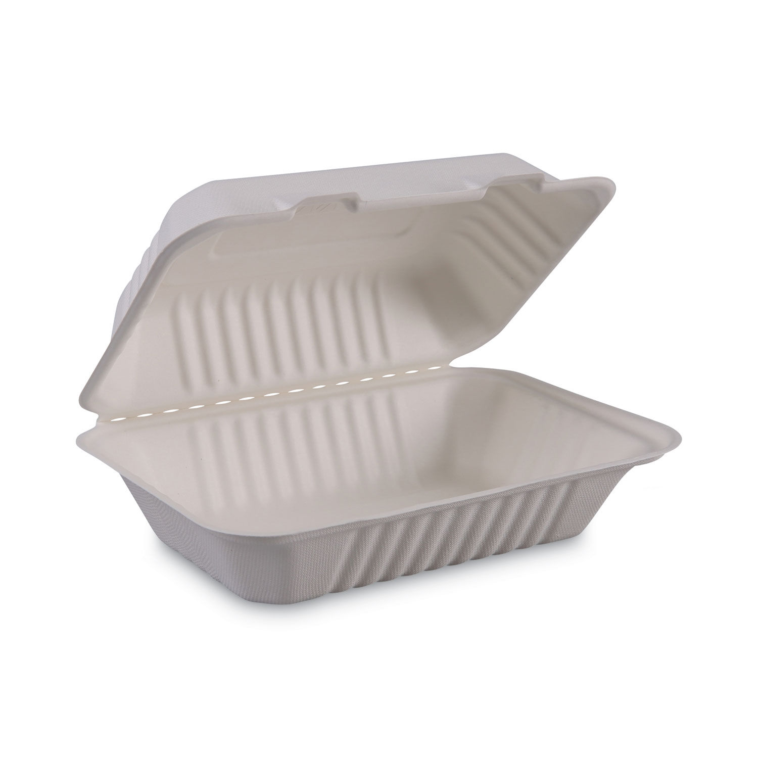 Boardwalk BWKHINGEWFHG1C9 Bagasse Molded Fiber Food Containers, Hinged-Lid, 1-Compartment 9 x 6, White, 125/Sleeve, 2 Sleeves/Carton