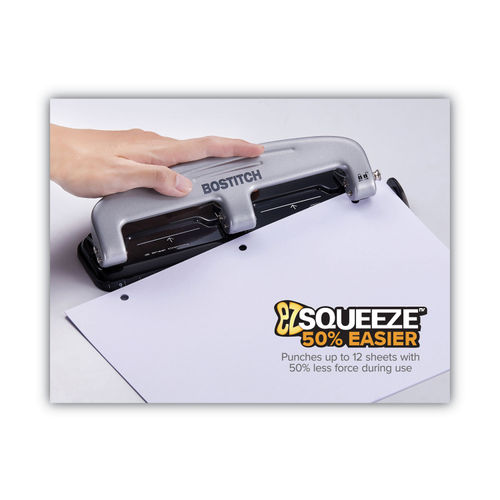 EZ Squeeze Three-Hole Punch, 12-Sheet Capacity, Black-Silver