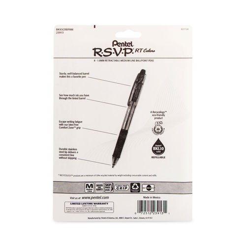 Pentel Recycled Retractable R.S.V.P. Pens - Medium Pen Point - 1 mm Pen  Point Size - Refillable - Retractable - Black - Clear Barrel - Stainless  Steel Tip - 1 Dozen