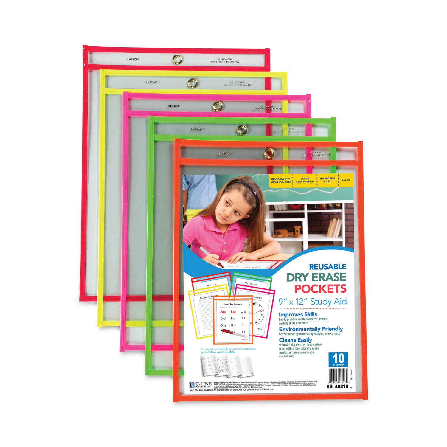 C-Line Reusable Dry Erase Pockets - Study Aid, Black, 12 x 9