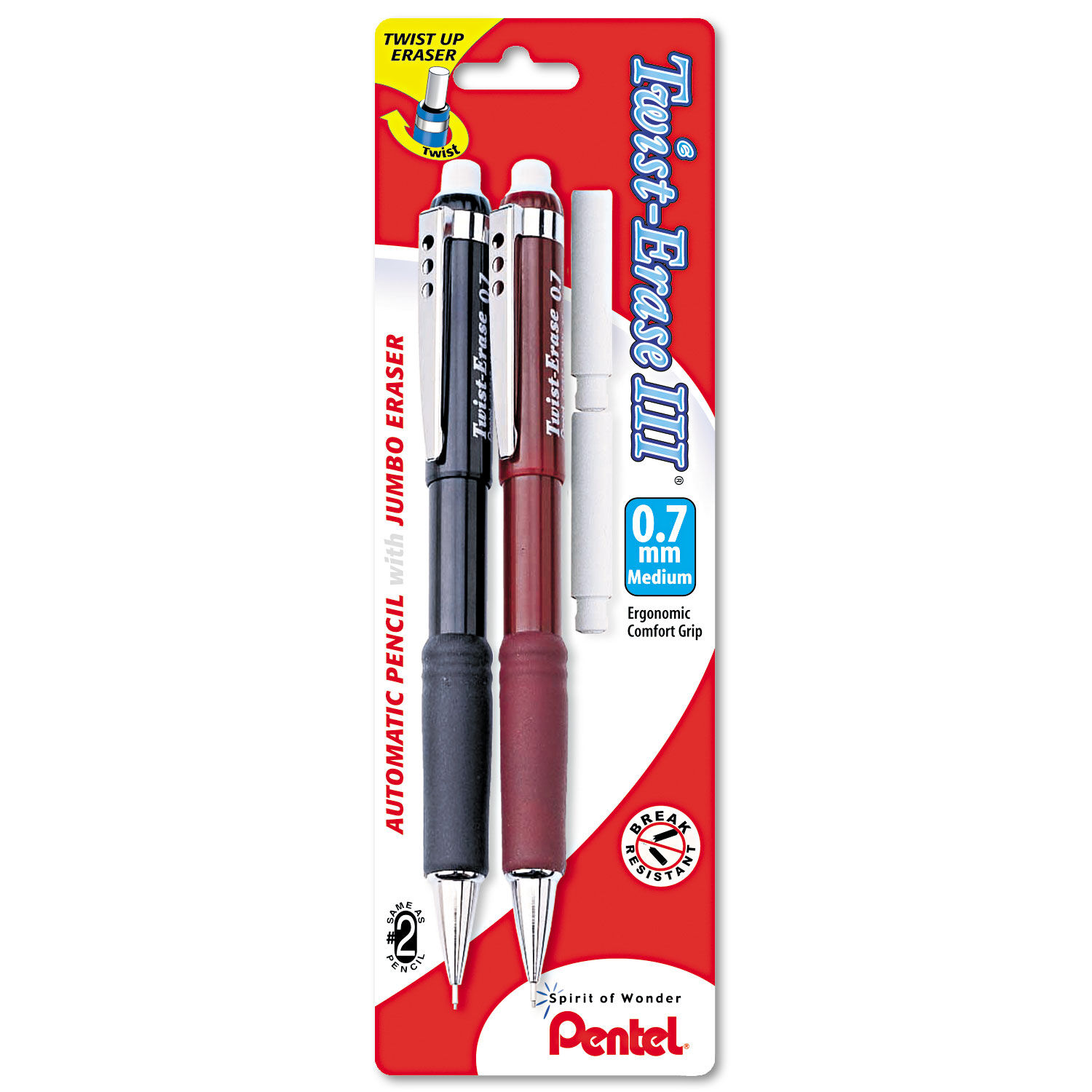 Twist-Erase III Mechanical Pencil, 0.7 mm, HB (#2), Black Lead, Assorted  Barrel Colors, 2/Pack