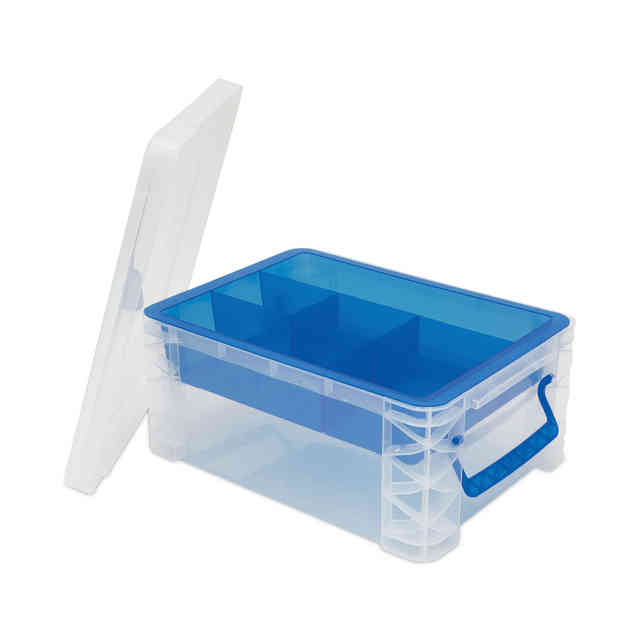 Advantus Super Stacker Divided Storage Box, 5 Sections, 7.5 X 10.13 X  6.5, Clear/blue