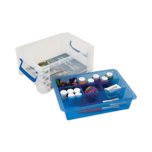 Super Stacker Divided Storage Box, 6 Sections, 10.38 x 14.25 x 6.5,  Clear/Blue