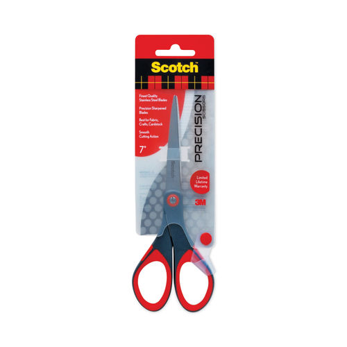 Precision Scissors, Pointed Tip, 7 Long, 2.5 Cut Length, Gray/Red  Straight Handle