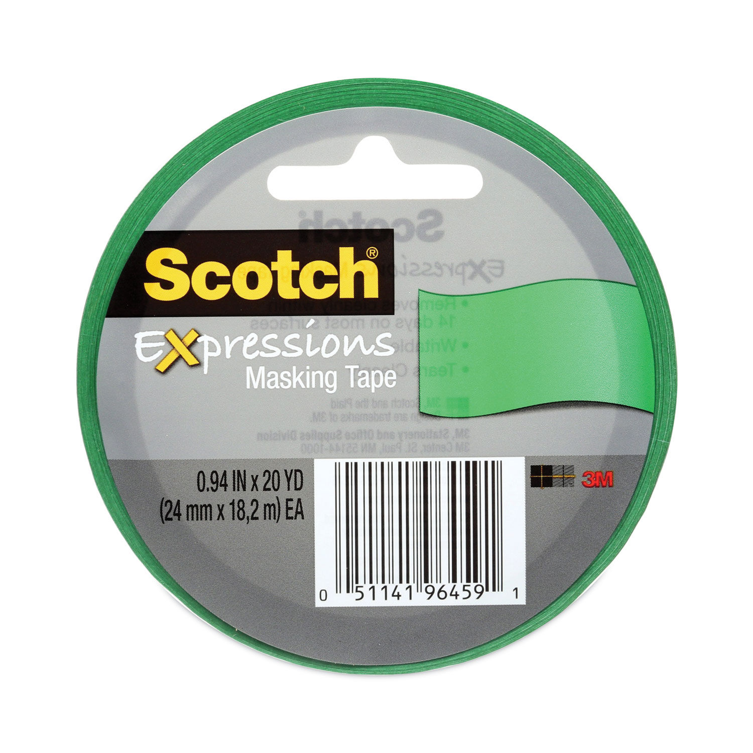 Scotch Expressions Masking Tape, 3 Core, 0.94 x 20 yds, Red, Green, Yellow, 3 Rolls/Pack