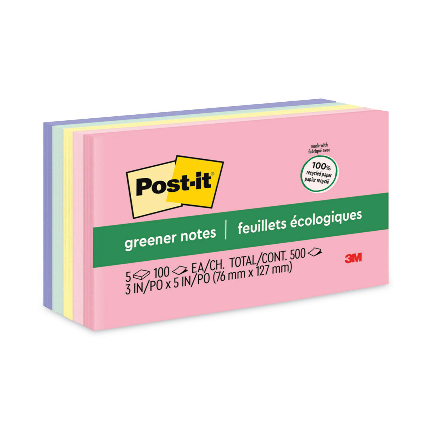 Post-it Greener Notes Recycled Note Pads, Lined, 4 x 6, Assorted Helsinki Colors, 100-Sheet, 5/Pack (MMM660RPA)