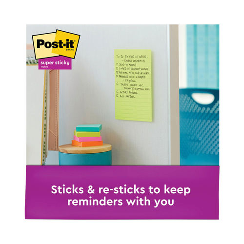 Post-it Notes Super Sticky Pads, Rio De Janeiro Colors, 5 X 8, Lined, 45/Pad, 4 Pads/Pack