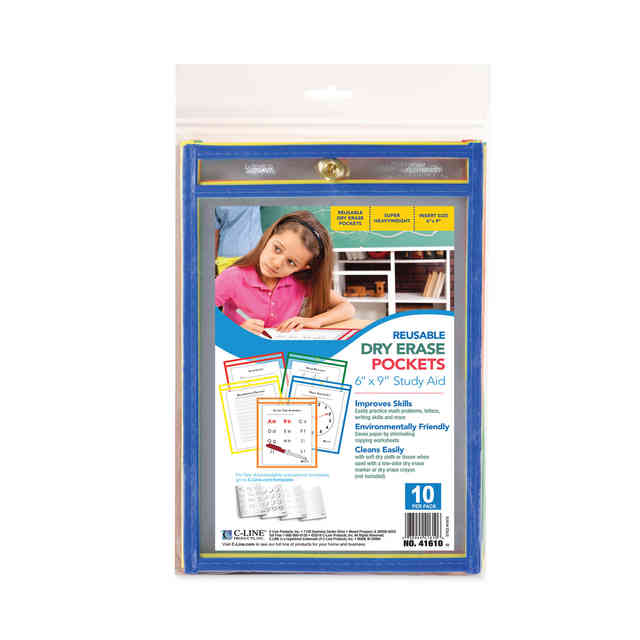 C-Line Reusable Dry Erase Pockets - Study Aid, Black, 12 x 9, Pack of 10