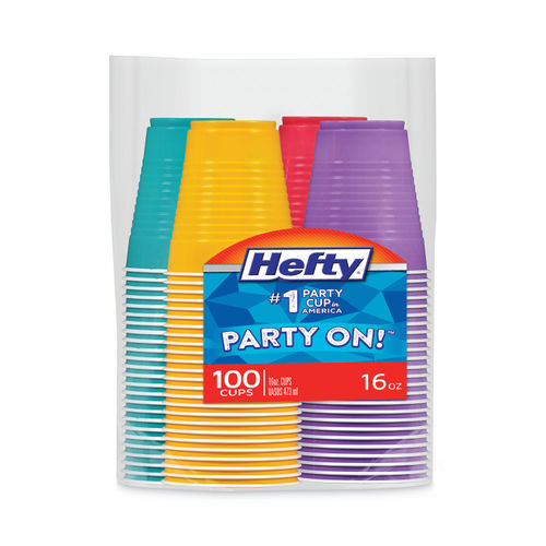 Hefty Party on Disposable Plastic Cups, Assorted, 16 Ounce, 100 Count