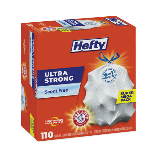 Hefty Ultra Strong Tall Kitchen and Trash Bags, 13 gal, 0.9 mil, White, 40/bx, 6 Boxes/Carton