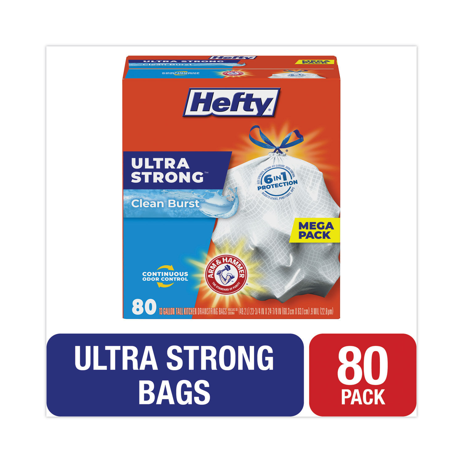 Hefty Ultra Strong Tall Kitchen Bags, Drawstring, Scent Free, 13 Gallon, Mega Pack - 80 bags