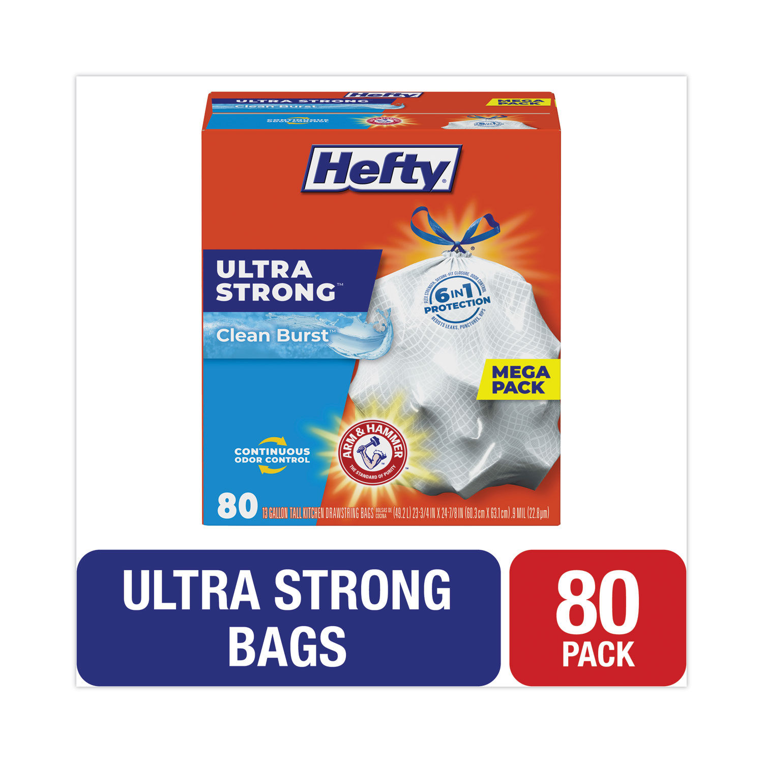 Hefty Ultra Strong Tall Kitchen Trash Bags, Clean Burst Scent, 13 Gallon,  80 Count Clean Burst 80 Count