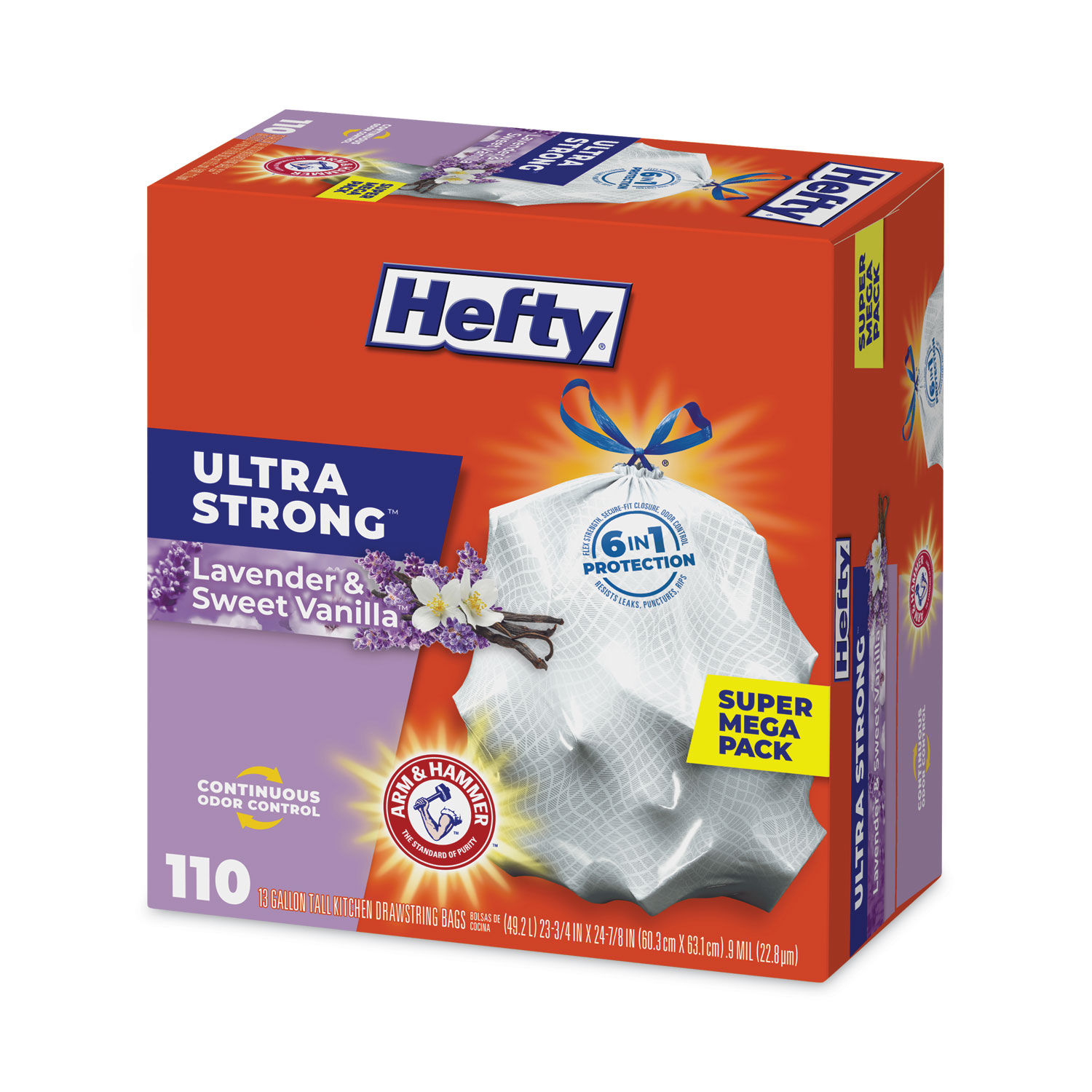 Hefty Ultra Strong Kitchen Trash Bags 13 Gallon Garbage Bags - Lavender Sweet Vanilla - Odor Control - Drawstring - 110 Count (Packaging May Vary)