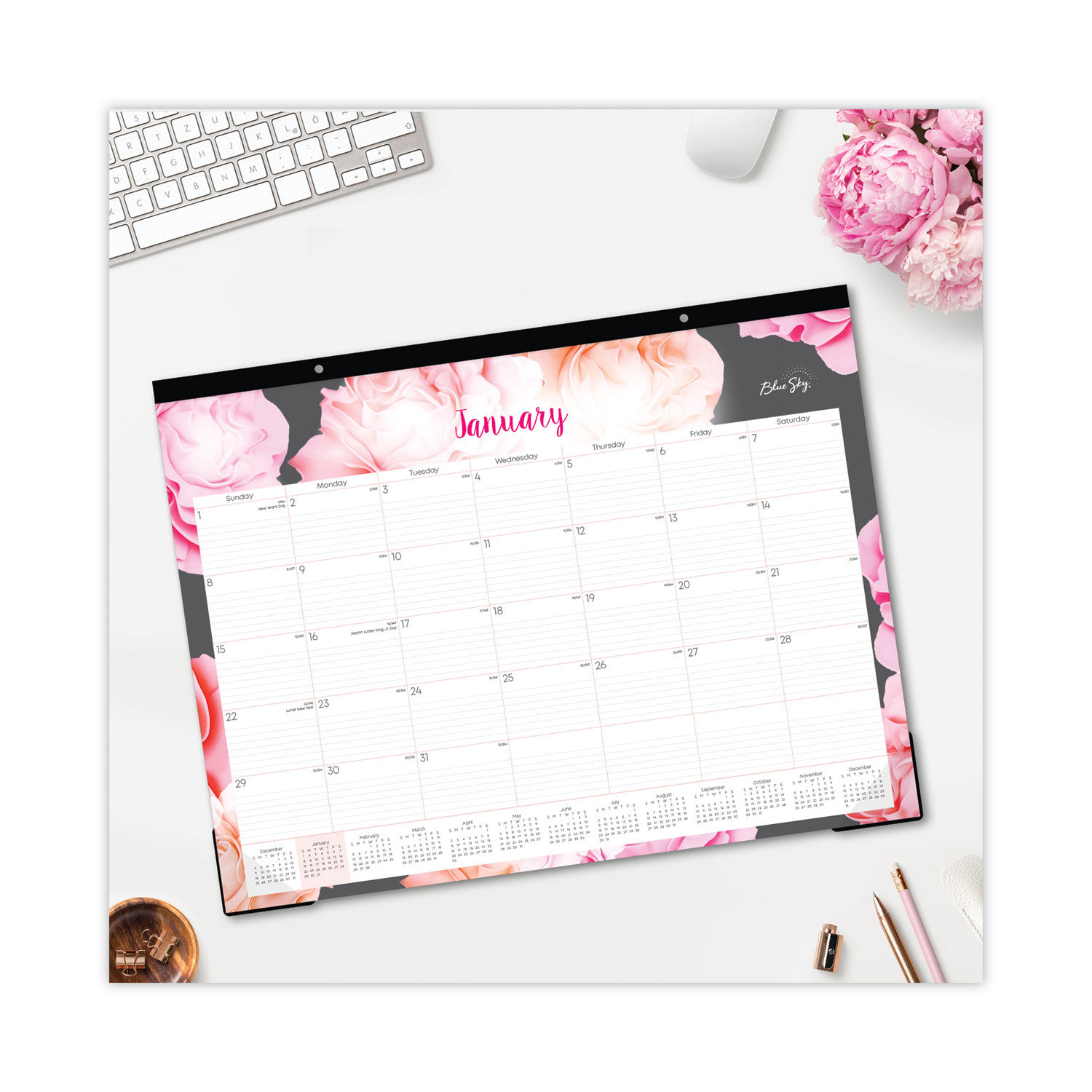 Blue Sky Joselyn Weekly/Monthly Planner, Joselyn Floral Artwork, 8 x 5, Pink/Peach/Black Cover, 12-Month (Jan to Dec): 2024