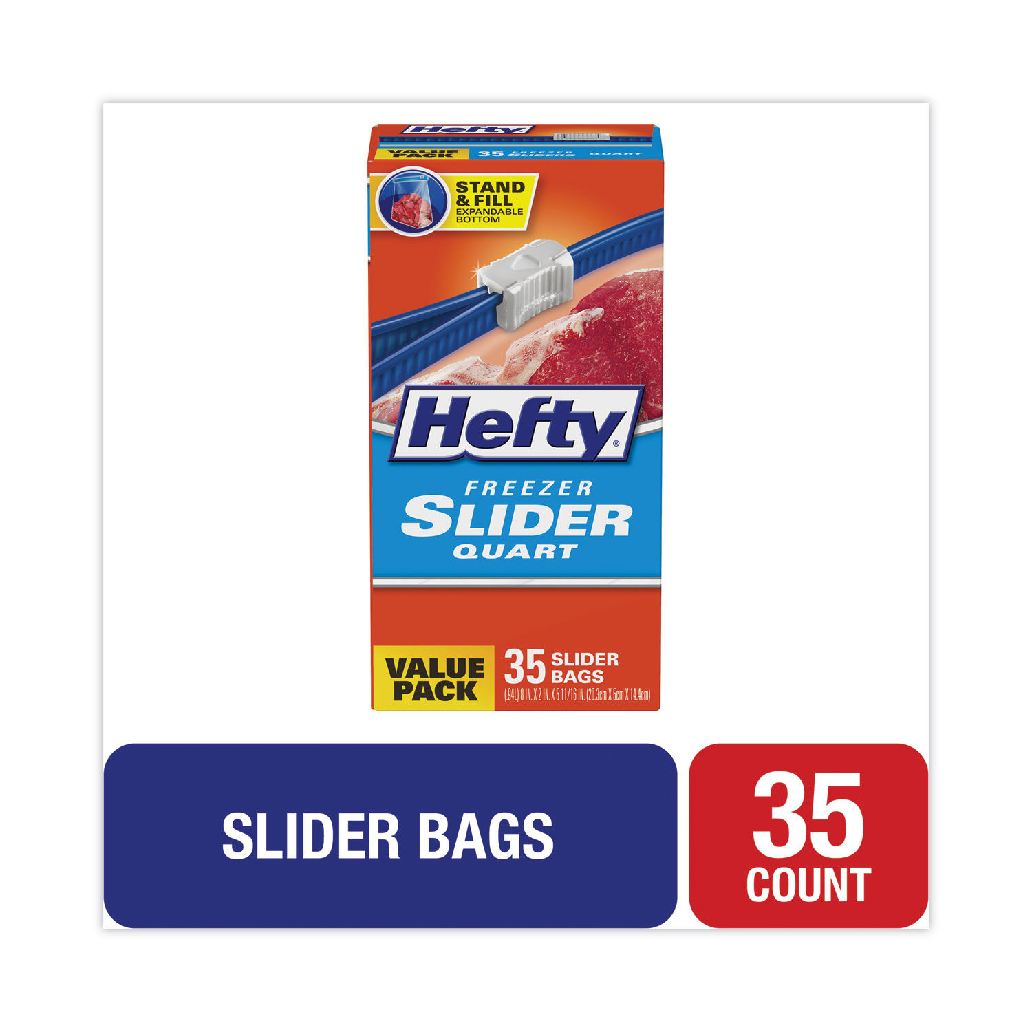 Hefty Slider Bags, Storage, 1 qt, 7 x 8, 0.7 mil, Clear, 20/Box, 9 Box/Carton