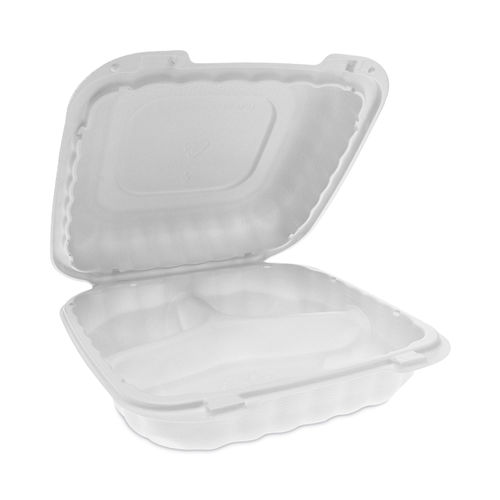 3-Compartment Microwaveable White Hinged Take-Out Container - 8 x 8