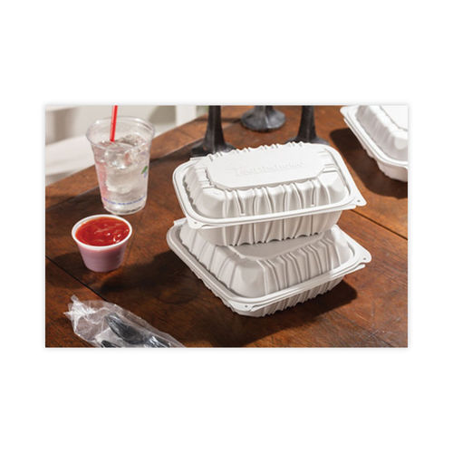 Vented Microwavable Hinged-Lid Takeout Container, 8.5 x 8.5 x 3.1, White, 146-carton