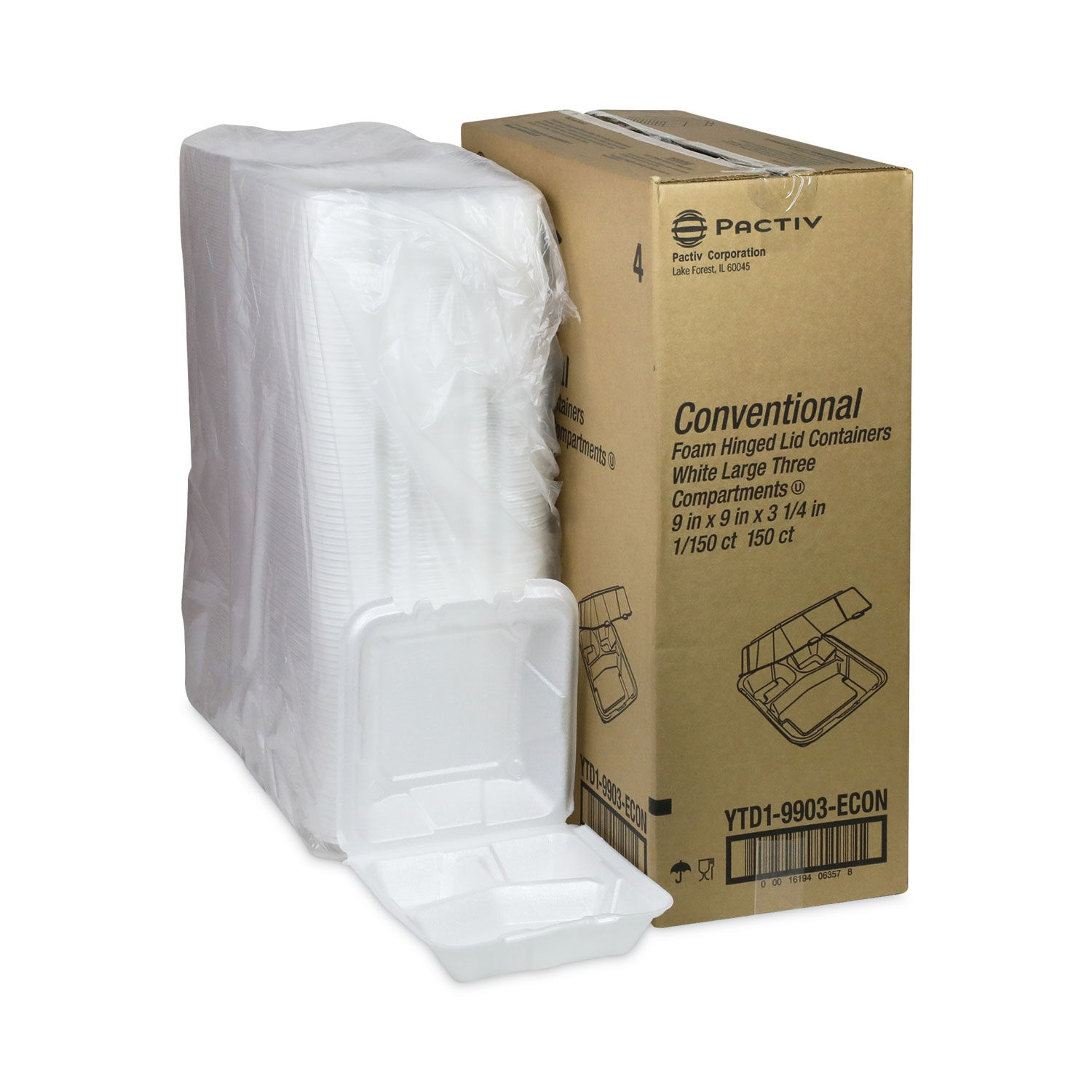 PCT 3-Compartment Foam Hinged Lid Containers, White - 150 Per