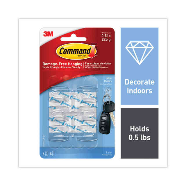 1 pack(6hooks) X 3M Command Clear Mini Hooks Damage-Free Hanging hook  adhesive plastic hooks clear with command clear strips