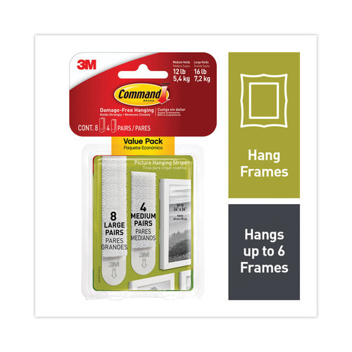 3M Command Picture Hanging Strips, White, M/L - 12 count