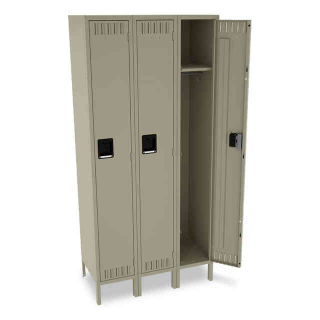 Single-Tier Locker with Legs, Three Lockers with Hat Shelves and Coat Rods, 36w x 18d x 78h, Sand Single-Tier Locker with Legs, Three Lockers with Hat Shelves and Coat Rods, 36w x 18d x 78h, Sand