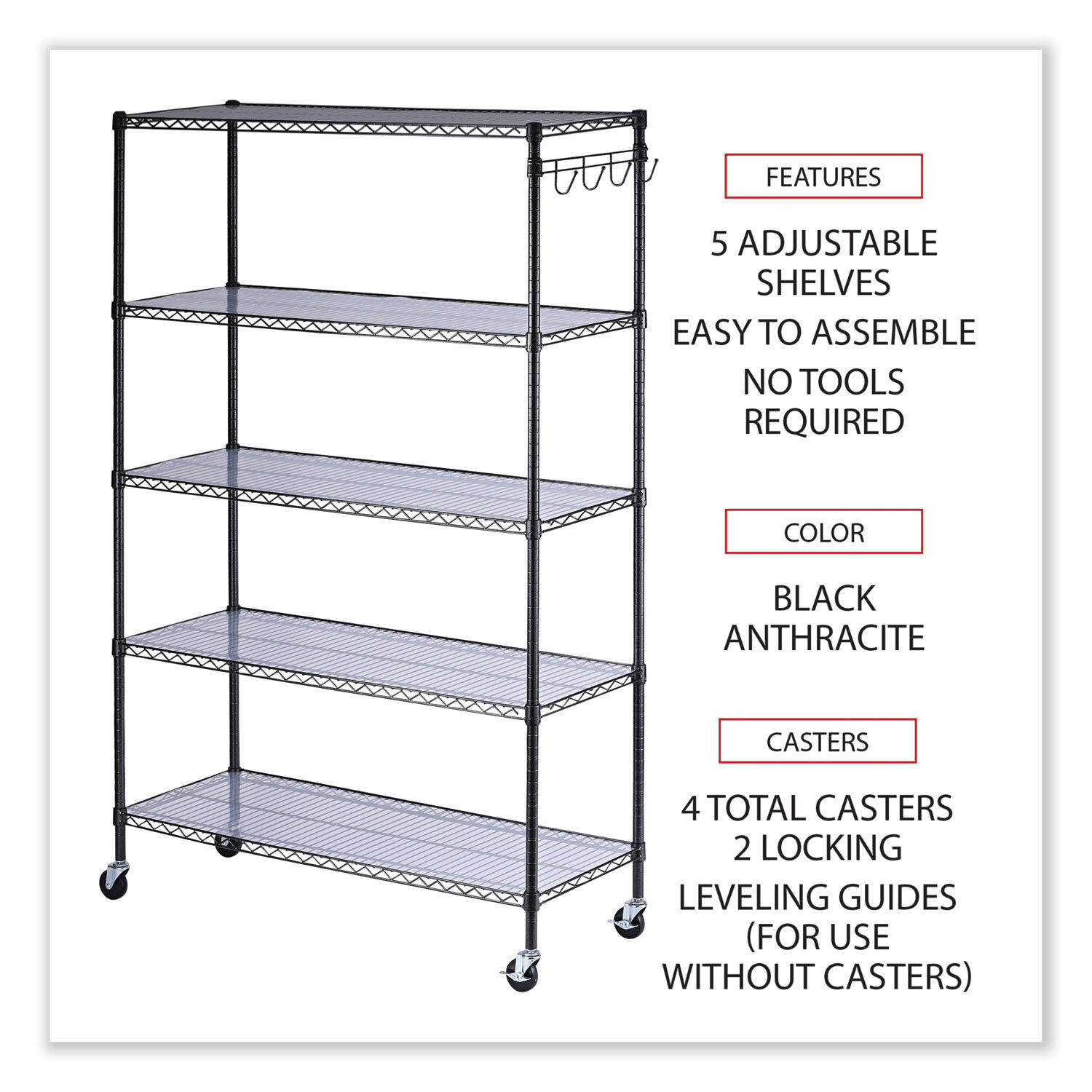 5-Shelf Wire Shelving Kit with Casters and Shelf Liners, 36w x 18d