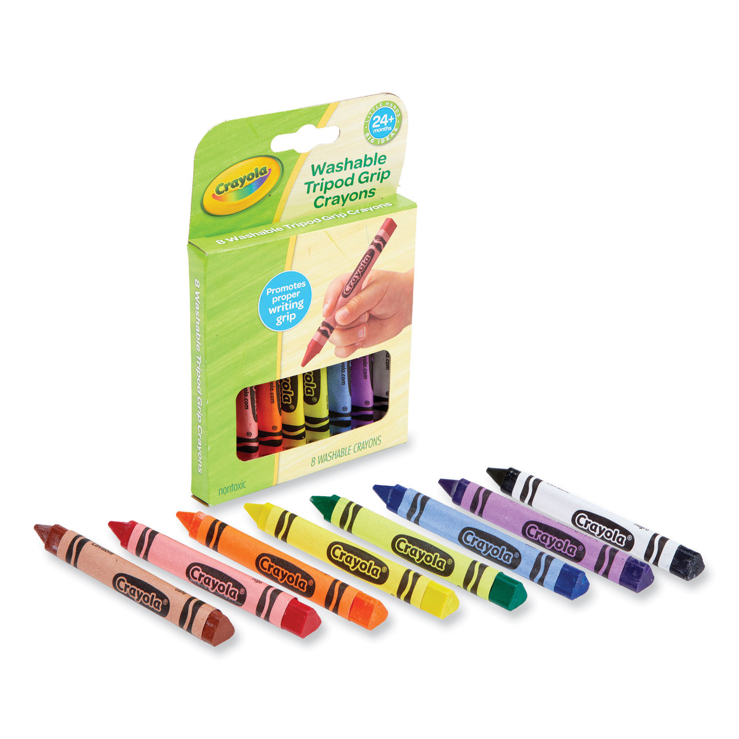 Washable Tripod Grip Crayons, Assorted Colors, 8/Pack