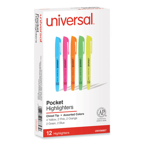 Pocket Highlighters, Assorted Ink Colors, Chisel Tip, Assorted Barrel Colors,  Dozen