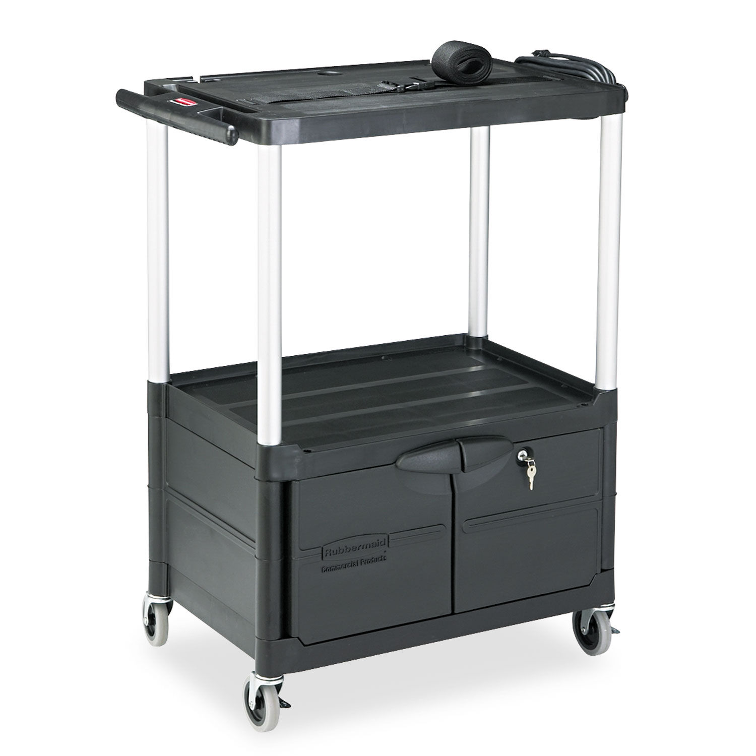 Mediamaster Three Shelf Av Cart With Cabinet By Rubbermaid