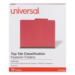 UNV10203 - Bright Colored Pressboard Classification Folders, 2" Expansion, 1 Divider, 4 Fasteners, Letter Size, Ruby Red, 10/Box