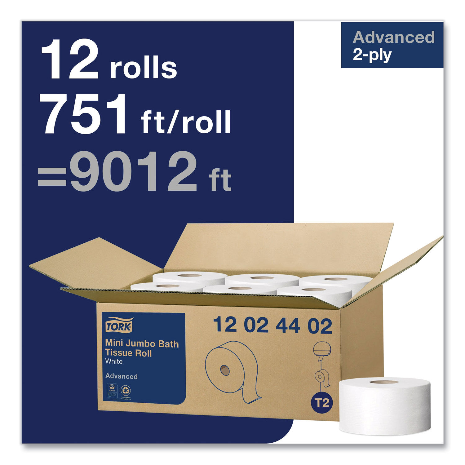 Tork Advanced Mini Jumbo Bath Tissue Roll, 2-Ply